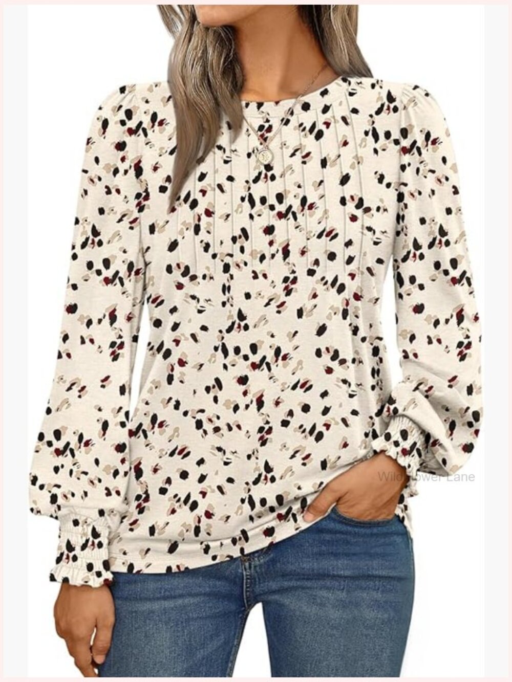 Long Sleeve Pleated Blouse with Smocked Cuffs Business Casual Top